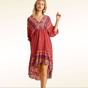 UMGEE Bohhemian Gypsy Summer Red Floral Balloon Sleeve Midi Dress Medium